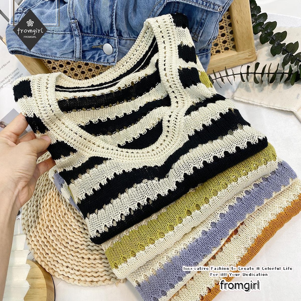 Áo Dệt Kim Không Tay Dáng Rộng Họa Tiết Kẻ Sọc Màu Đen Thời Trang Mùa Hè Dành Cho Nữ