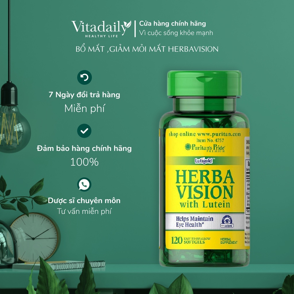Bổ mắt, giảm nhức mỏi mắt Herba vision with lutein Puritans pride 120viên