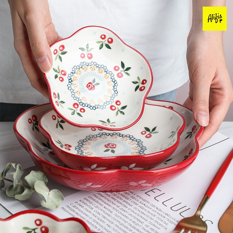 Đĩa sứ decor, tô salad trang trí họa tiết Cherry hình tròn, cách điệu cánh hoa, trái tim Alifis