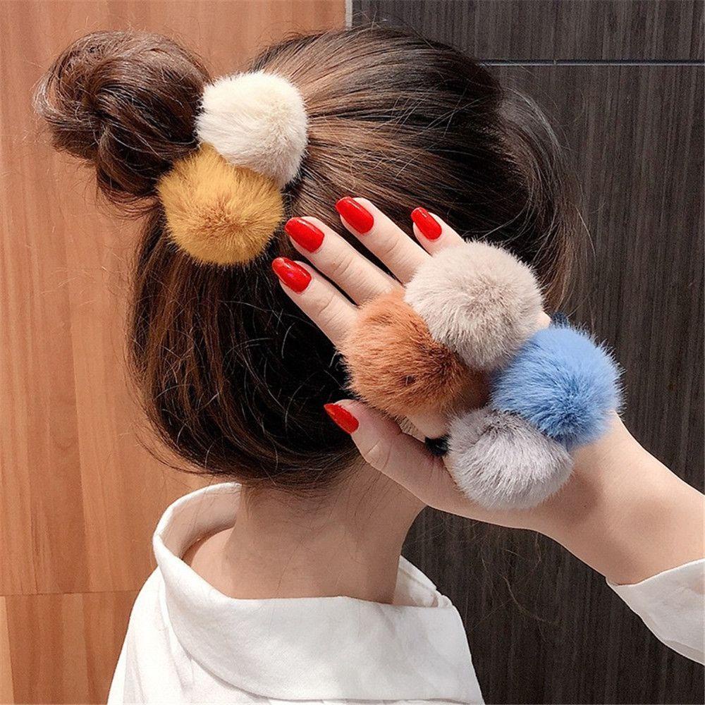 Dây Cột Tóc Co Giãn Hai Màu Đính Bóng Lông Thỏ Giả Cho Nữ