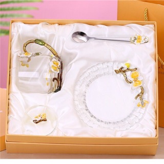 Hộp quà bộ cốc đĩa thủy tinh enamel LAN HỒ ĐIỆP- Song Ngư hoa thảo trà