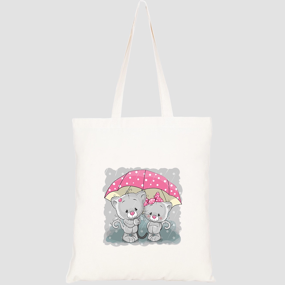 Túi vải tote canvas HTFashion in hình two cute cartoon kittens umbrella HT514