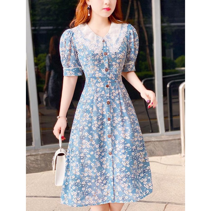 Đầm Hoa Công Sở Akara’s DT227 Cổ Phối Ren Tay Phồng Sang Trọng Full 5 Size | BigBuy360 - bigbuy360.vn