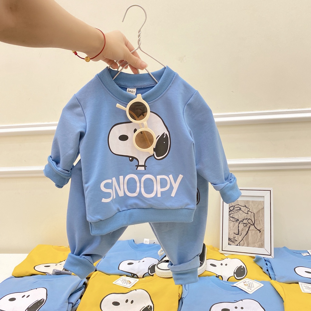 [SALE] Bộ dài tay Snoopy chất da cá 2 màu xanh vàng bé trai bé gái thu đông cực đẹp (V486)