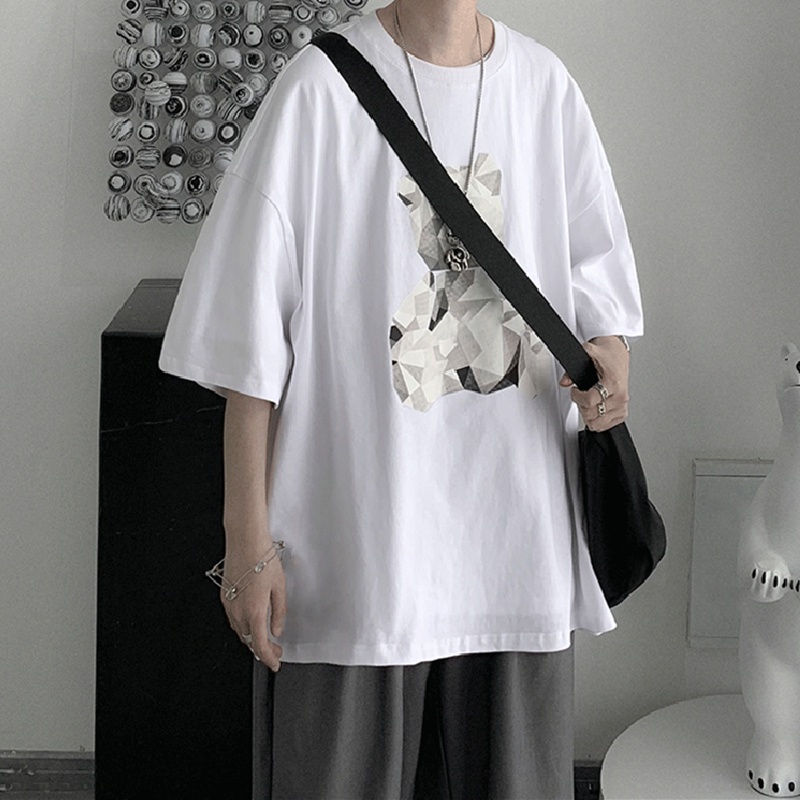 Áo Thun Nam Tay Ngắn Dáng Rộng In Hình Gấu Hoạt Hình Phong Cách Hip Hop Thời Trang Mùa Hè size M-8XL