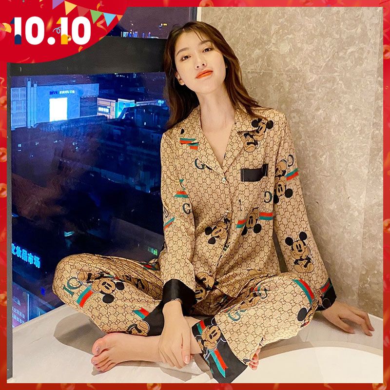 Bộ đồ ngủ tay dài chất lụa lạnh phong cách Hàn Quốc thời trang xuân thu cho nữ