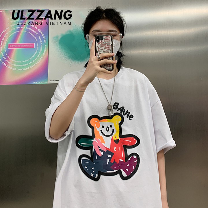 Áo thun tay lỡ ULZZANG cotton dáng unisex in hình gấu bavie | BigBuy360 - bigbuy360.vn