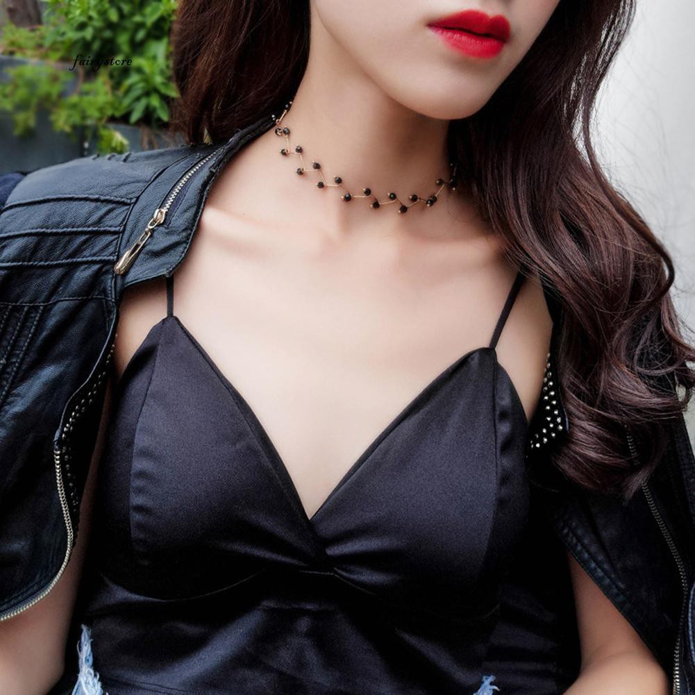 Dây chuyền Choker gợn sóng đính hạt cườm màu đen thời trang cho nữ