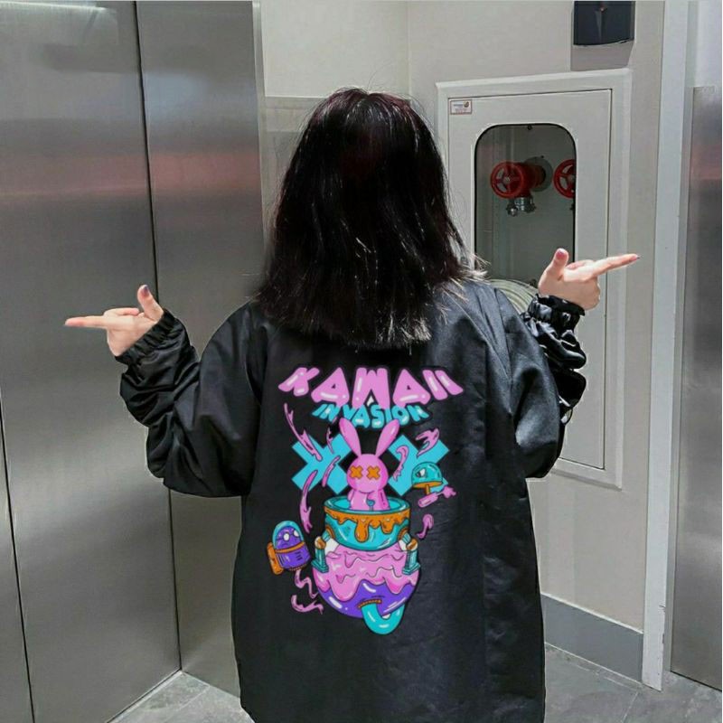 ÁO KHOÁC KAKI NÚT BẤM/ ÁO JACKET ĐEN IN HÌNH KAWAII IN VISION,FREESHIP,HÀNG VNXK 2 LỚP CHÓNG NẮNG,1993CLOTHINGG