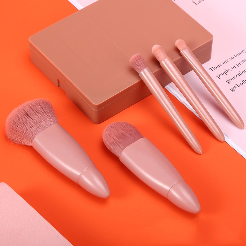 Bộ cọ trang điểm makeup cá nhân combo bộ 5 món kèm hộp gương màu hồng
