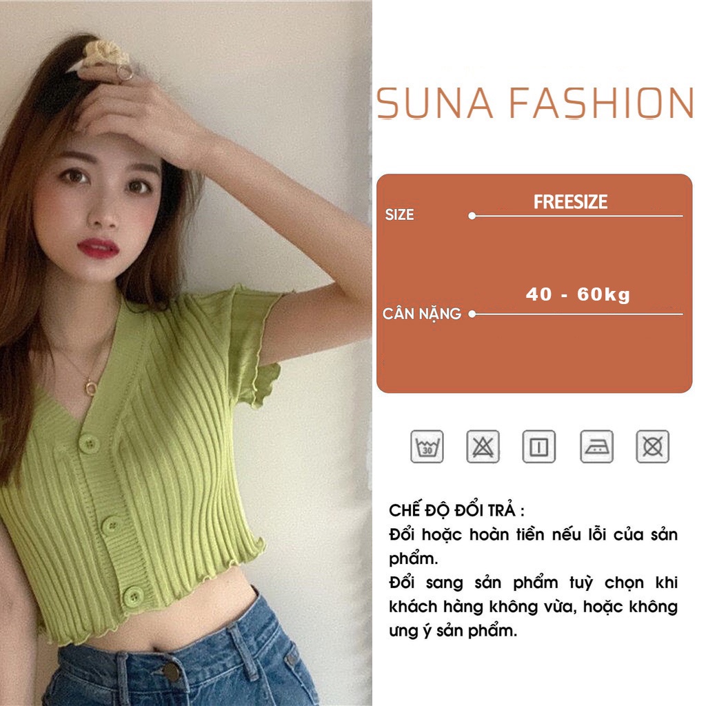 Áo croptop nữ tay ngắn cài nút, Áo croptop kiểu Hàn Quốc vải co dãn ôm dáng SUNA FASHION từ 42 - 56kg