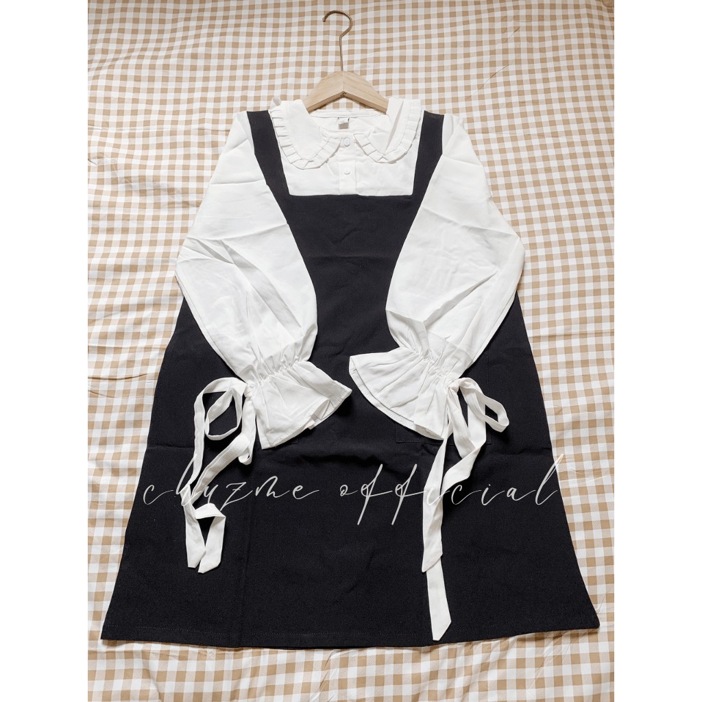 Đầm chữ A tay pha màu trắng - Váy Yếm Thiết Kế Tay Nơ Hàn Quốc