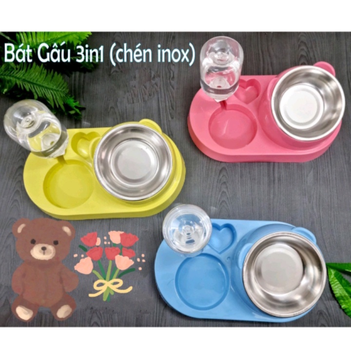 Bát ăn cho chó mèo có bát inox, khay bình nước tự động - Thiết kế chống gù giúp Boss thoải mái