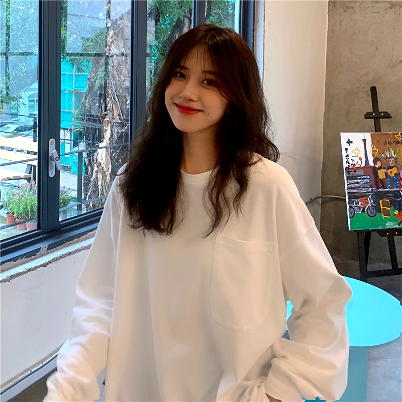 Áo nỉ tay dài cổ tròn dáng rộng màu sắc đơn giản dễ phối đồ