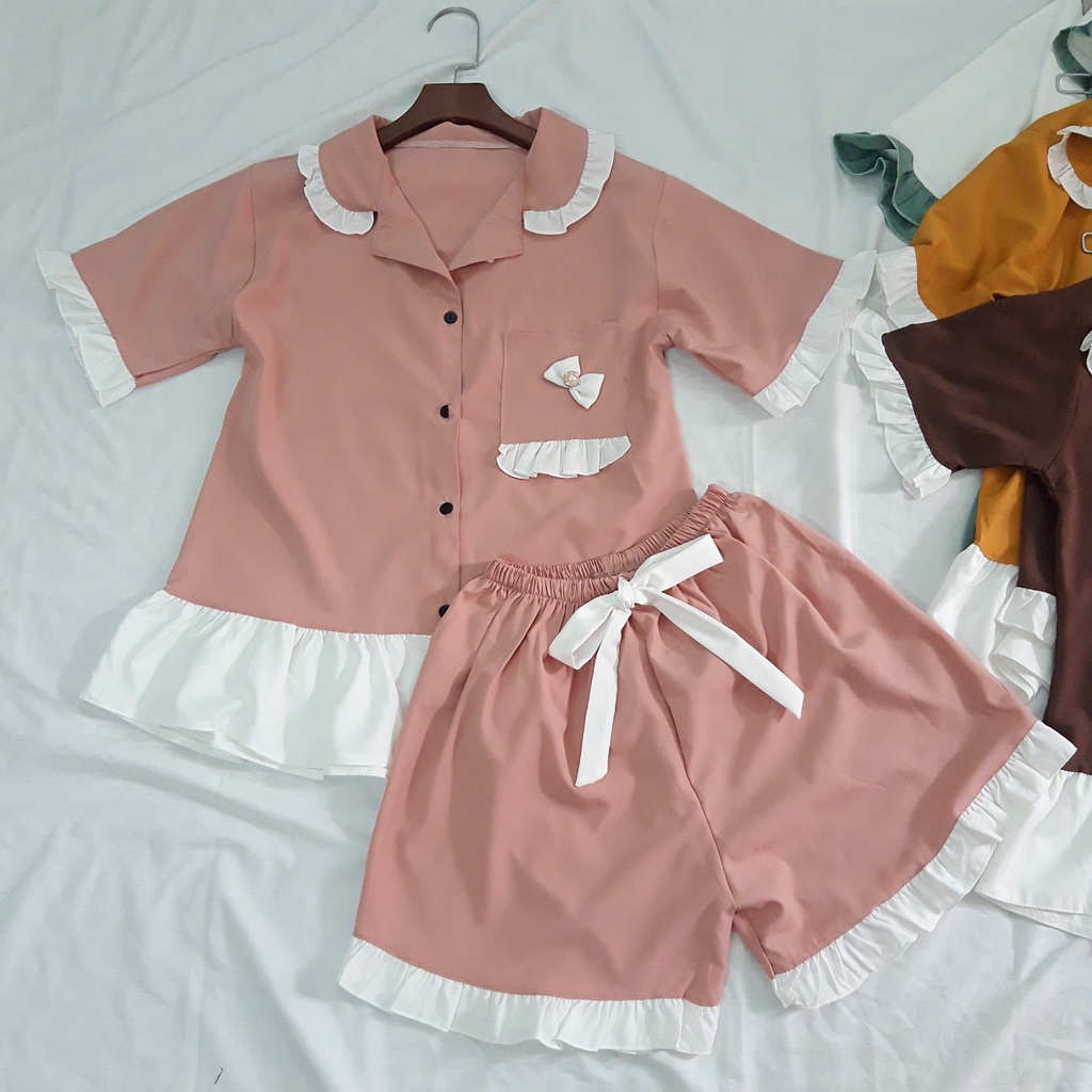 Set bộ pijama mặc nhà tiểu thư bèo đính nơ phối màu siêu dễ thương (5 màu freesize 40-58kg)