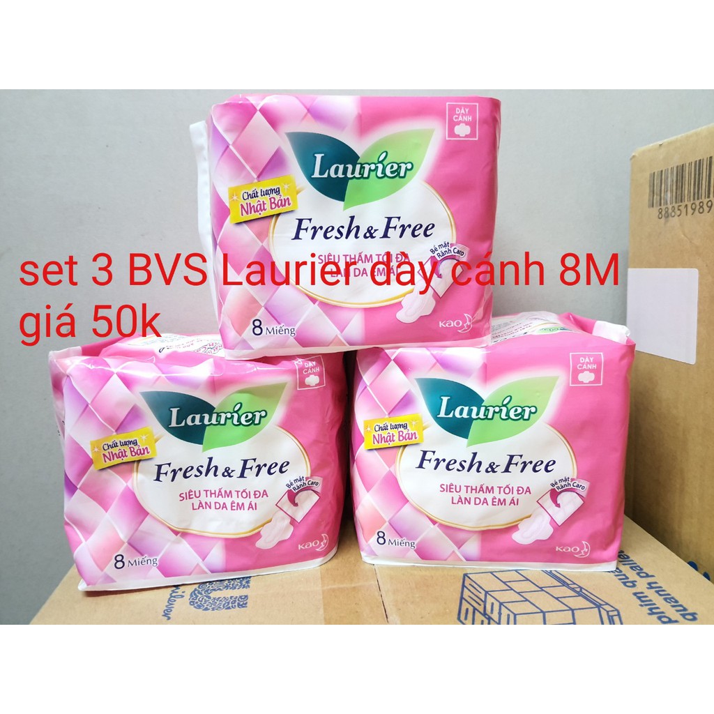 combo 3 Băng vệ sinh Laurier Fresh &amp; Free dày cánh 8miếng x22cm