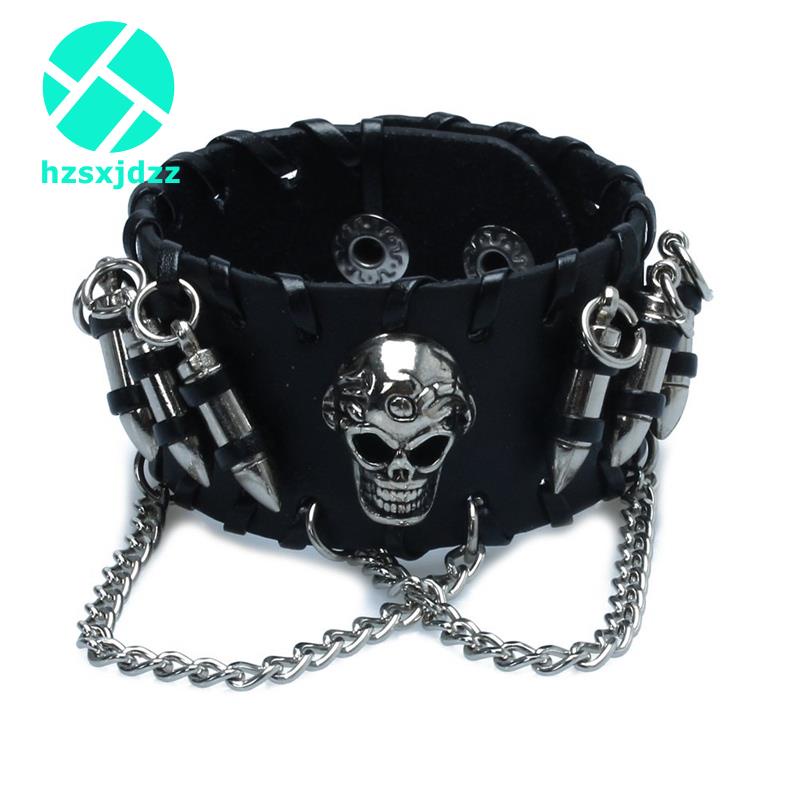 Vòng Tay Da PU Màu Đen Phối Mặt Hình Đầu Lâu Phong Cách Gothic