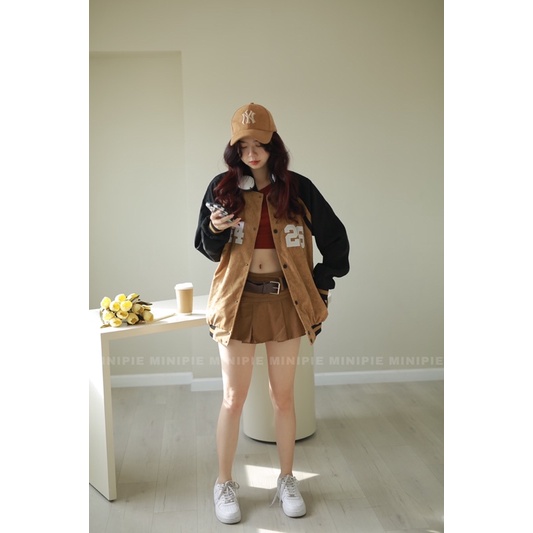 Áo Khoác Bóng Chày Bomber Chất Nhung Tăm Hai Lớp Màu Nâu Form Rộng Unisex Nam Nữ - Minipie