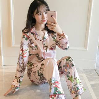 Bộ lụa dài tay mặc nhà Satin cao cấp | Bộ pijama lụa dài tay mẫu trắng hồng hoa đỏ | Katilyn LD007