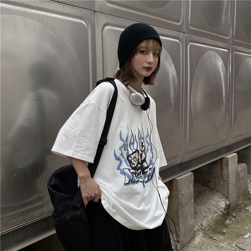 Áo thun 173314 tay lỡ dáng rộng họa tiết ngọn lửa xanh dương cá tính phong cách đường phố dễ phối đồ