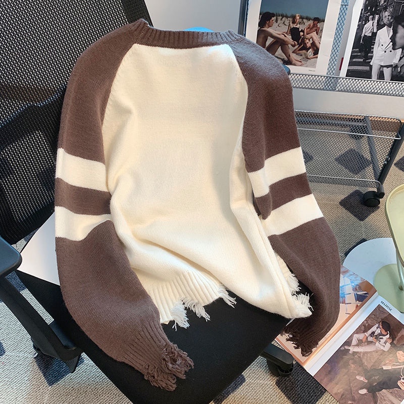 Áo Sweater Dệt Kim Sờn Dáng Rộng Màu Tương Phản Thời Trang Mùa Thu Mới Cho Nữ