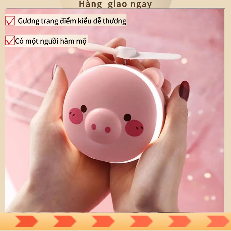 Quạt Cầm Tay Mini Tích điện kèm gương và đèn tự sướng 3in1-quạt cầm tay hình heo siêu dễ thương