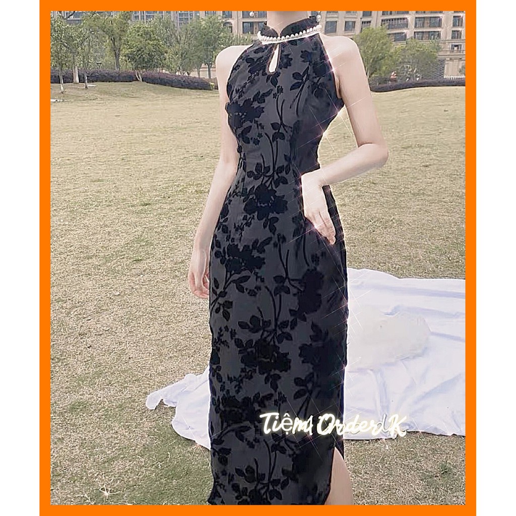 ♥️Đầm,Váy Sườn Xám Hoa Đen Cổ Yếm Đính NgọcSize S đến 2XL mimo dk