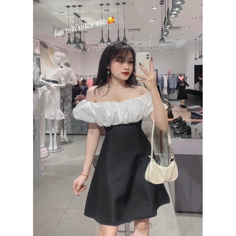 [8.8 Sales Freeship] Váy đầm nữ đi tiệc, đầm đen trễ vai phối trắng bèo dáng ngắn xòe, đầm tiểu thư bẹt vai quyến rũ mtb
