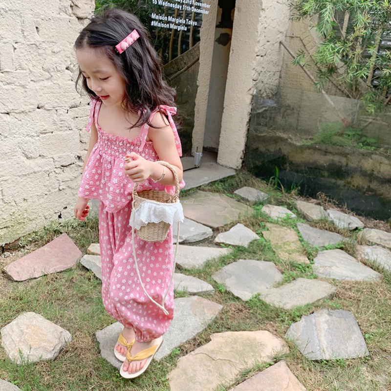 Se7en Bộ Áo Hai Dây In Hoa + Quần Dài Chống Muỗi Mùa Hè Cho Bé Gái