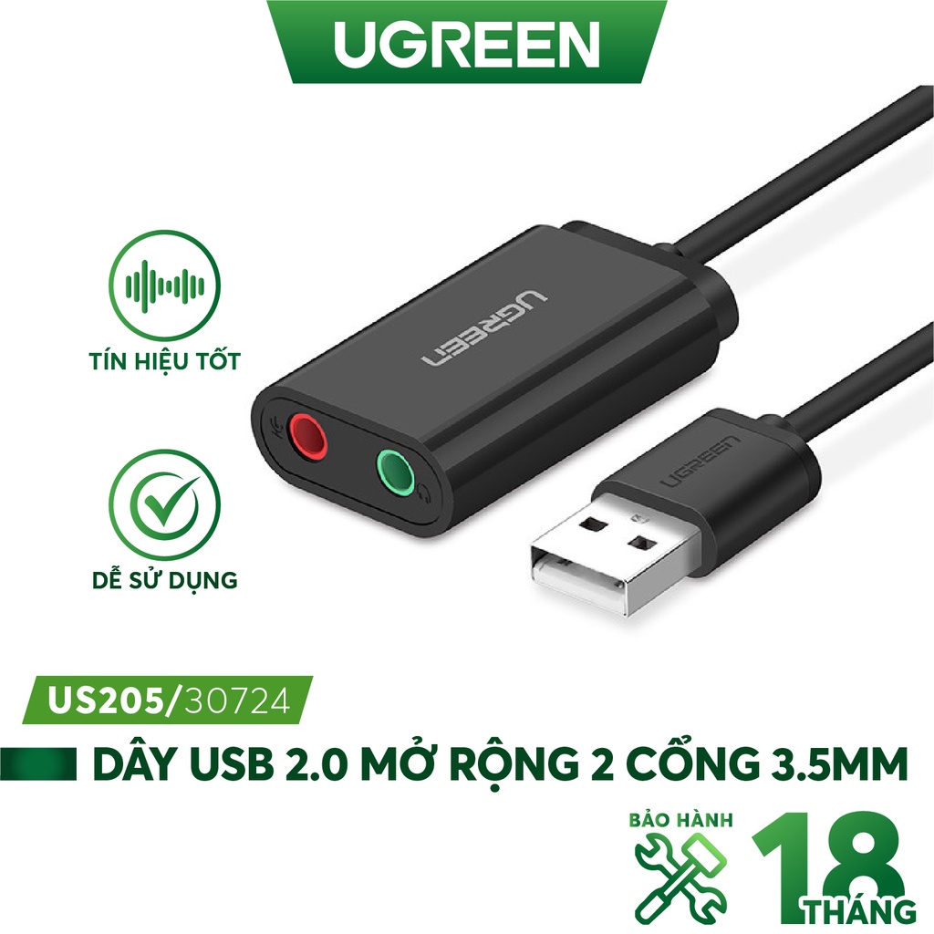 Dây USB 2.0 UGREEN US205 mở rộng sang đồng thời 2 cổng 3.5mm cho tai nghe + mic (DISABLE)