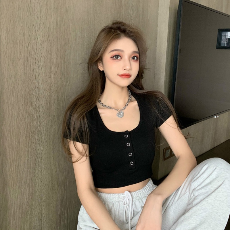 Brroa Áo Croptop Dệt Kim Ôm Dáng Tay Ngắn Cổ Xẻ Ngực Màu Trơn Phối Nút Gợi Cảm Cho Nữ