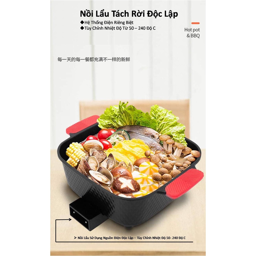 Nồi lẩu nướng 2 ngăn, 3 ngăn kích thước lớn, nồi lẩu to, công xuất 2700W, tiết kiệm điện năng, an toàn sức khỏe