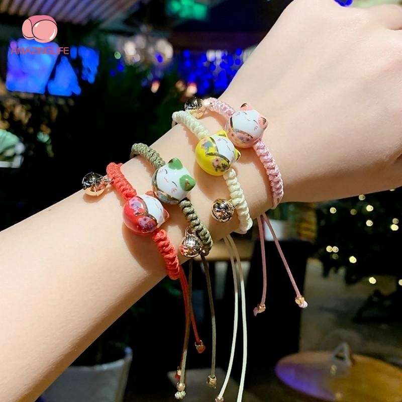 Vòng Đeo Tay May Mắn Đính Hạt Gốm Sứ Hình Mèo Dễ Thương Có Thể Điều Chỉnh