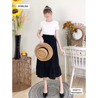 Chân Váy Nữ NHẬT VY Tầng Bo Chun Eo Chất Lụa Xước Công Sở Dáng Dài Xòe Màu Đen, Cam Đất - D1996