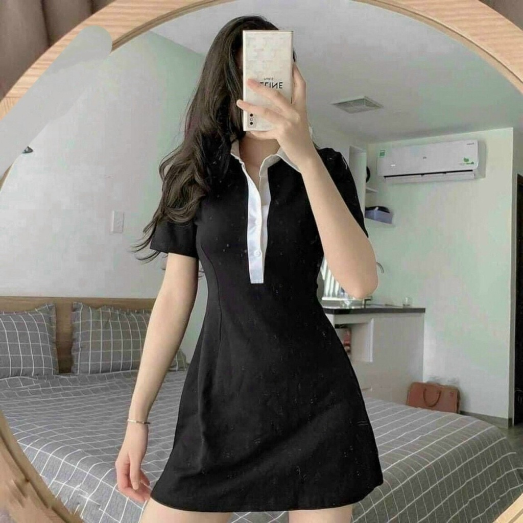 Đầm Polo Body Dáng A Đen Phối Cổ Trắng
