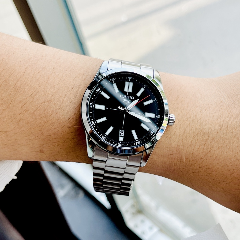 Đồng hồ nam kim da quang Casio MTP VD02D-1E Dây thép mặt đen Size 41mm chống nước 5ATM Bảo hành 1 năm Hyma watch