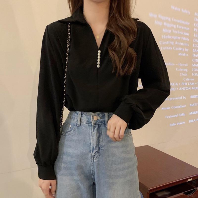 Áo Sơ Mi Nữ Tay Dài Cổ Chữ V Màu Trơn Phong Cách Hàn Quốc