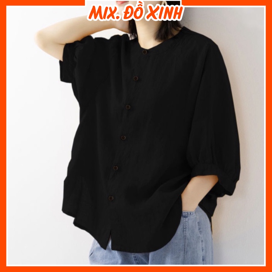 Áo sơ mi đũi nữ tay lỡ cổ tròn Thu Hà form rộng bigsize che khuyết điểm mặc đi làm đi chơi đều phù hợp SMH.34