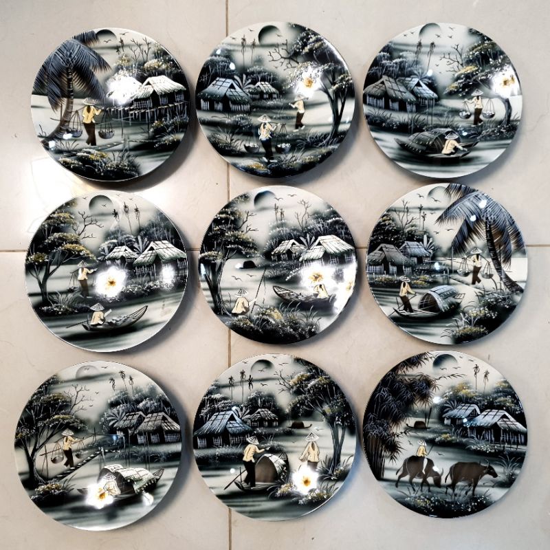 Đĩa sơn mài trắng đen phong cảnh làng quê Việt Nam cực đẹp