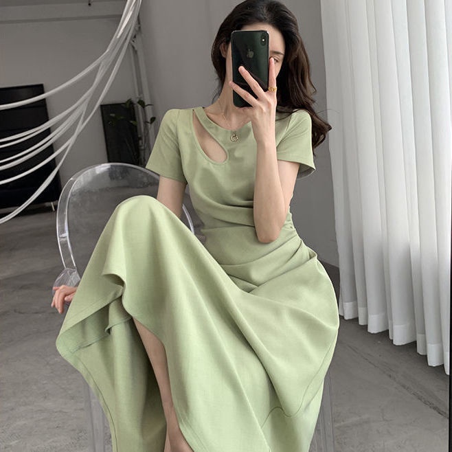 Đầm dài tay ngắn màu xanh lá phong cách Pháp thời trang mùa hè mới cho nữ | BigBuy360 - bigbuy360.vn