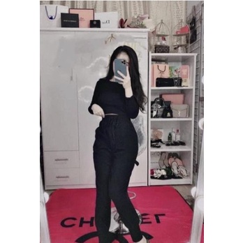 TBL-Set bộ thể thao áo tay dài croptop quần ống bo thun cực mịn đỏ đen nude cam xám