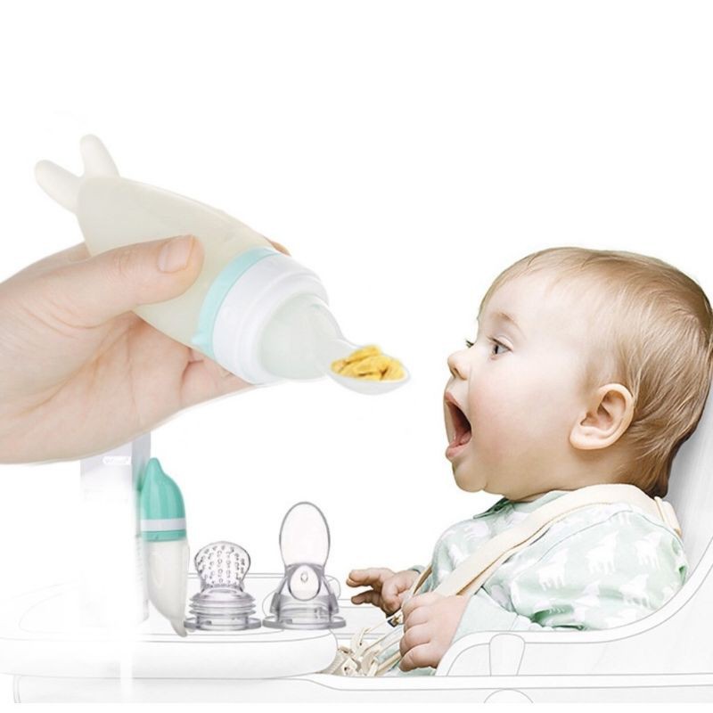 Bình Thìa Ăn Dặm Silicon Tặng Kèm Túi Nhai Hoa Quả / Bình Ăn Dặm Cá Heo Cho Bé