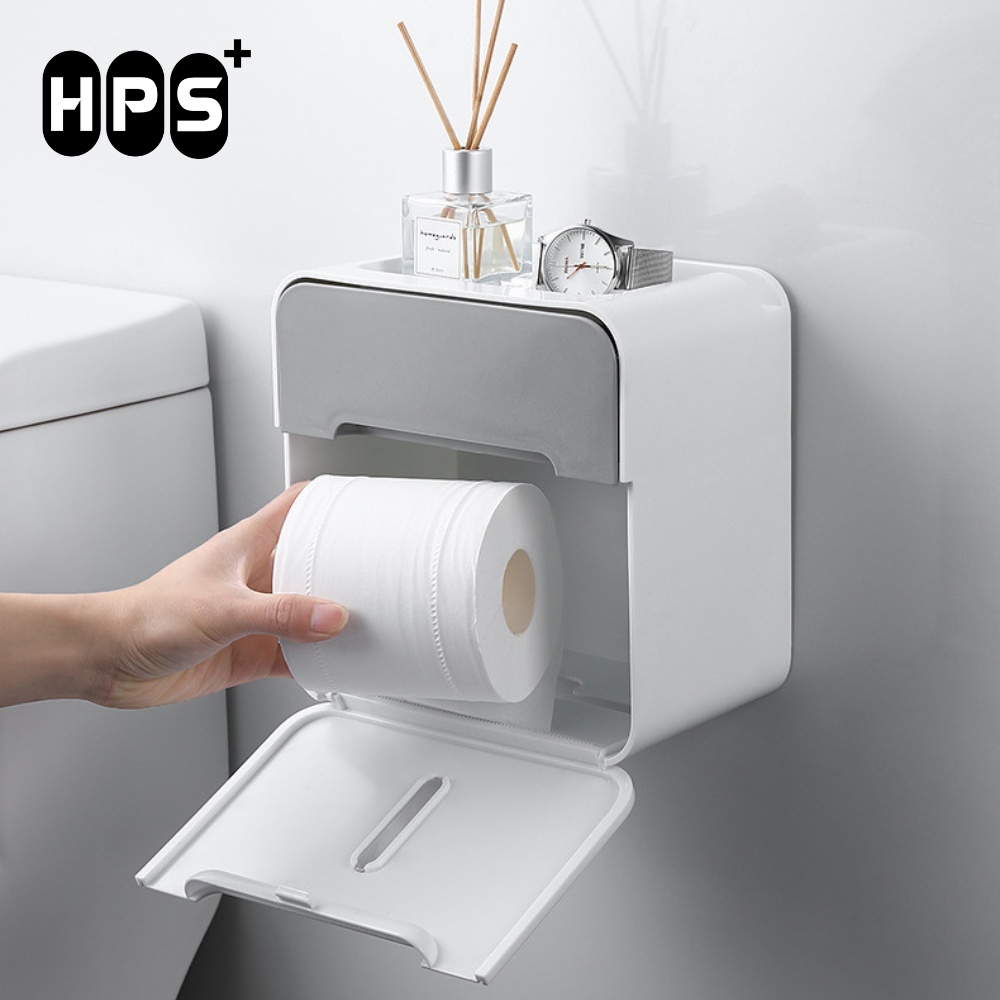 Hộp đựng giấy vệ sinh gắn tường có ngăn chứa đồ, Kệ để đồ nhà tắm 2 ngăn tiện lợi tặng kèm miếng dán siêu dính