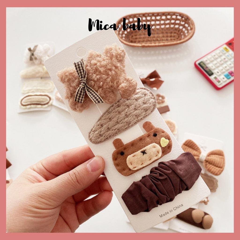 Set kẹp tóc nâu họa tiết dễ thương cho bé gái KT32 Mica Baby