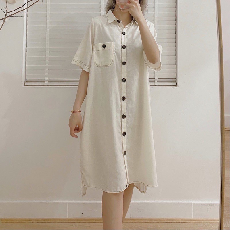 Váy sơ mi trơn viền chỉ nổi 6 màu dáng xuông chất đũi linen / Đầm xuông cổ đức 175 Nhung Nhớ