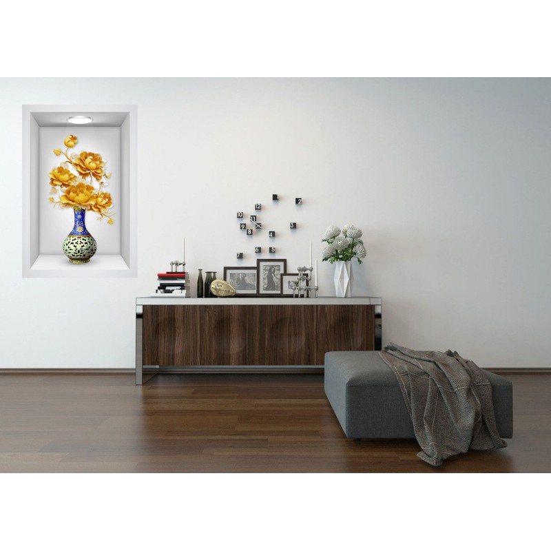 Decal dán tường bình hoa mẫu đơn vàng trang trí phòng khách LoHoaDon_011