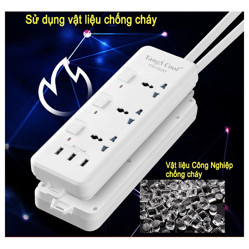 ổ cắm điện đa năng 3 chấu thông minh có cổng usb sạc nhanh điện thoại chịu tải 2500w an toàn chống cháy chống giật