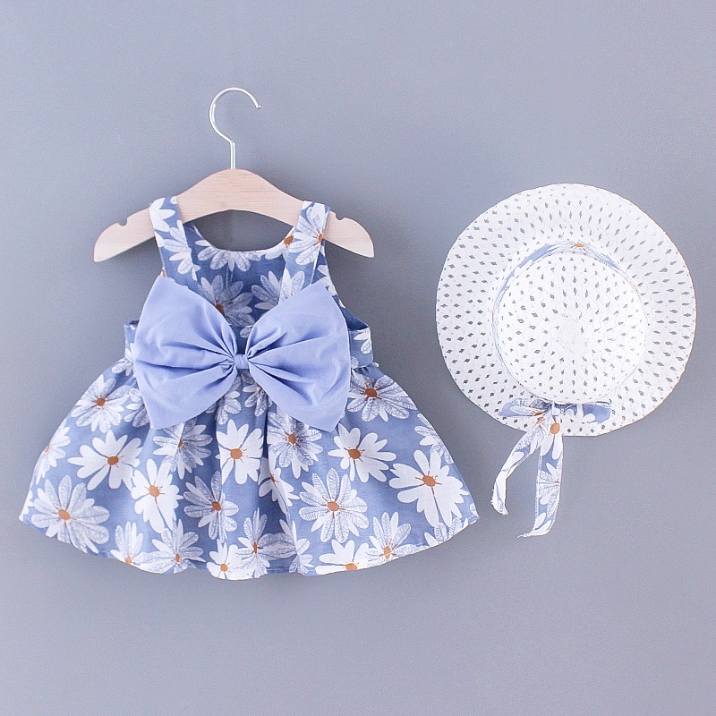 Bộ Đầm Hai Dây In Hoa Cúc Nhỏ + Mũ Phù Hợp Mùa Hè Dành Cho Bé Gái 0-3 Tuổi