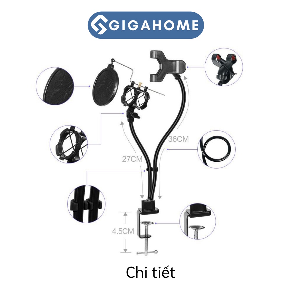 Giá Đỡ Điện Thoại, Micro Livestream GIGAHOME Kẹp Bàn, Có Màng Lọc Âm Thanh 5245