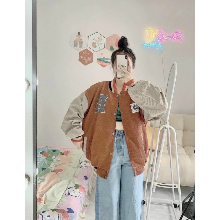ÁO KHOÁC BOMBER NỮ THÊU CHỮ R CHẤT KAKI NHUNG CAO CẤP ĐẸP TINH TẾ THỜI TRANG
